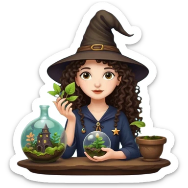 A long curly haired brunette girl with a moon, witch hat, holding a plant terrarium sticker