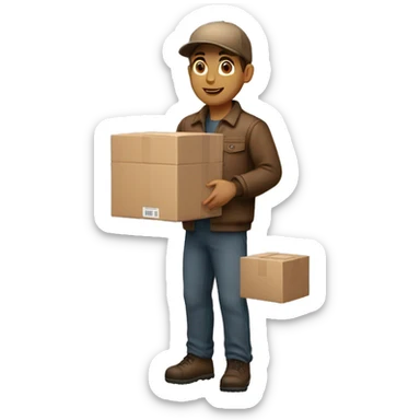 Delivery boy, full body, light skin tone, wearing brown cap and brown jacket, UPS delivery company uniform loading a package without background sticker