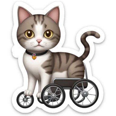 full body small short hair dark brown and white cat with hazel eyes walking in a wheelchair for cats sticker