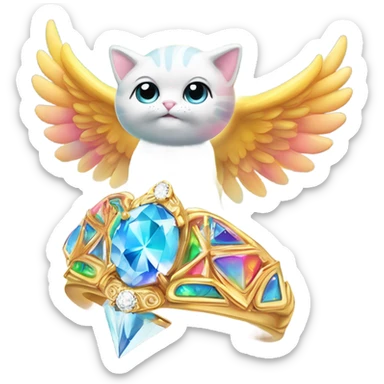 Heavenly Rainbow 4d Diamond ultra Omni-Cat God with wings and a ring around its body and another ring above it’s head  sticker