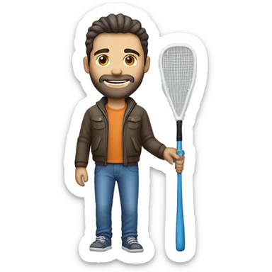 crear un hombre de tes blanca sin barba, con campera deportiva azul con una raqueta en su mano sticker
