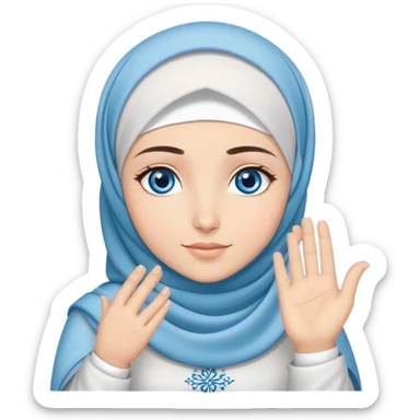 Turkish beautiful finish Konya girl blue eyes with cloudy hijab dress islamic dress and had on her hand text Eid Mubarak  sticker