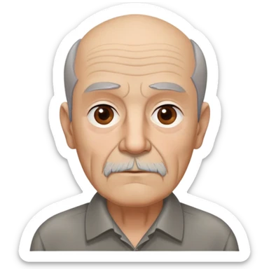 Elderly thin Puerto Rican man with light complexion. Narrow face with pronounced bone structure. Deep-set brown eyes, bushy eyebrows. Short brown hair, balding at front. Messy brown beard with gray streaks. Serious expression with age lines. Wearing a dark collared shirt that appears loose. sticker