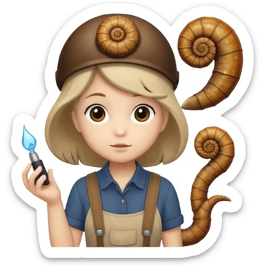 Shelly has a small, chibi-style body with a large ammonite-shaped head that looks like a beige fossil shell. One side of her head has a dark opening, making it clear she isn’t human. Her face is simple and soft, with big round eyes. She wears a brown suspender outfit over a lighter shirt sticker