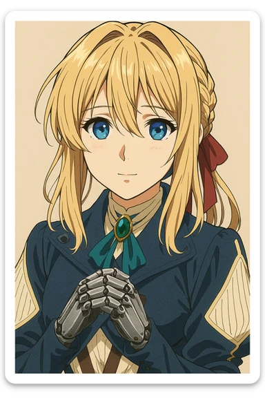 Violet Evergarden, close-up portrait in original anime style, gentle expression, mechanical hands visible, crisp and vibrant colors sticker
