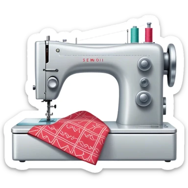 Create an icon that represents the hobby of sewing clothing using patterns and templates. The design should feature a sewing machine, fabric, sewing patterns, and templates. Include visible markings on the fabric that align with the patterns, showcasing the process of cutting and sewing. A piece of clothing in progress, such as a dress or shirt, should be visible, reflecting the creative and detailed nature of garment making. The composition should be well-balanced, with a clean and harmonious design. The background should be transparent. sticker