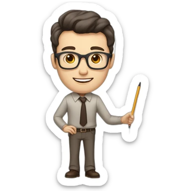 Pale skinned fit man with dark brown hair in gray jacket, beige office shirt, brown tie, brown pants and vintage glasses Writing on the flipchart sticker