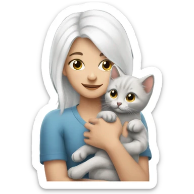 white hair girl hugs grey kitten  sticker