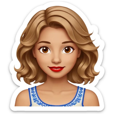 Enthusiastic woman with healthy glowing skin, round cheeks, warm smile, expressive light brown eyes, red lipstick, wavy dark blonde shoulder-length hair with highlights, summery white top with blue embroidery and electric blue neckline sticker