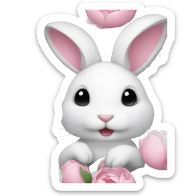 cute white bunny holding light pink peonies sticker