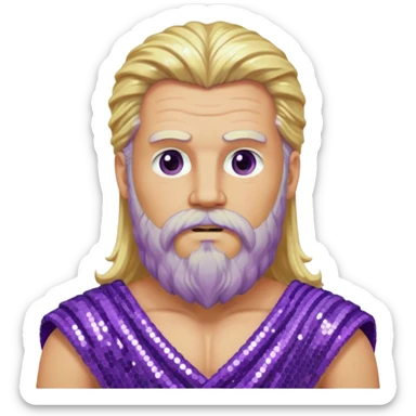 Zeus from Olympus Gods with long blonde hair and beard, purple sequin loincloth sticker