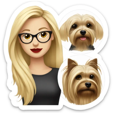 White girl, blonde hair, eyes closed, red lipstick wearing glasses hugs Yorkshire terrier  sticker