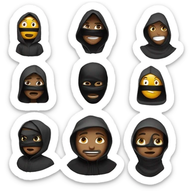 crée moi des emoji qui porte une capuche noire et un masque noir on ne vois pas sont visage et donne leur a chacun des interaction différente par exemple un qui pleure ou qui levé la main qui reflechie cree en plusieur sorte sticker