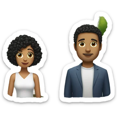 a small house with trees and a women with black short curly hair and a man golden skined and hair with a heart in the middle on top sticker