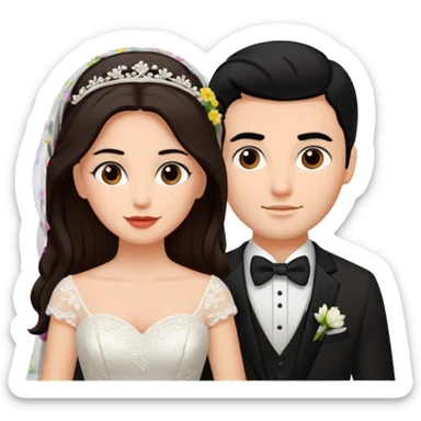 A bride and a groom. The woman is with dark brown hair, the man with black  sticker