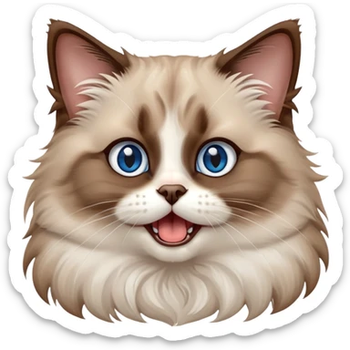 cinematic-adorable-big-eyed-fluffy-brown ragdoll-cat-portrait-emoji,-head-tilted-playfully-with-a-cute,-yawn,-soft-brown-and white-colored-fur-with-darker-points-on-the-ears,-simplified-yet-irresistibly-cute-features, sparkling blue eyes sticker