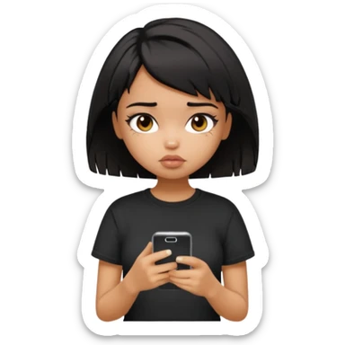 generate a pretty bratz girl with short black very messy hair, looking tired and using her phone, wearing an oversized black tshirt sticker
