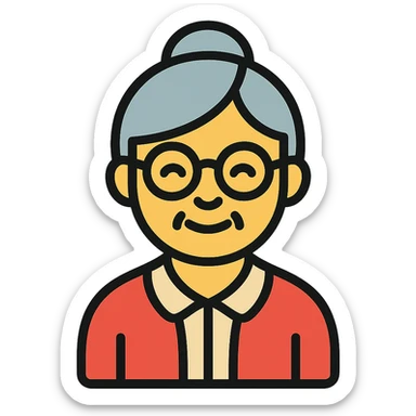 elderly smiling granny who looks like a librarian, glasses, neat hair bun, cardigan sticker