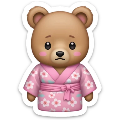 A cute light-brown bear wearing a pastel pink sakura-patterned kimono, normal balanced body ratio.  
Tears pooling under the eyes and softly streaming down cheeks, sad trembling mouth and droopy ears.  
Kawaii emoji style, minimalistic clean sticker illustration, white background. sticker