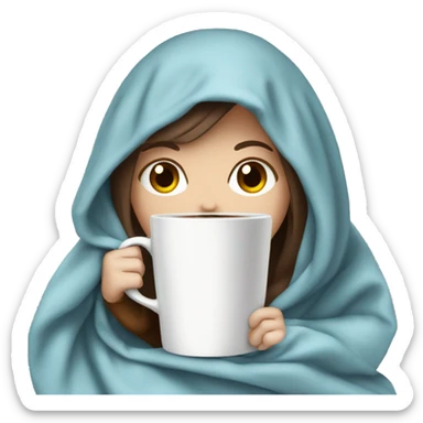 White girl with brown hair and blue eyes inside a blanket sipping coffee sticker
