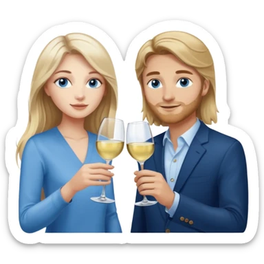 A woman with blue eyes and long balayage brown blond hair and a man with blue eyes and light brown hair, they toast to each other with a glass of white wine.  sticker