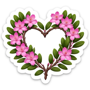 Natural branches with a few rhododendron flowers in a heart shape sticker