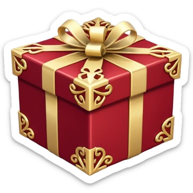 Create a highly polished, 3D game UI–style gift box with a luxurious red and gold theme. gift box ,The square box features deep crimson-red panels with ornate gold metallic trim and filigree details along the edges.  sticker