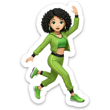 a woman with olive skin tone and curly black hair wearing green and dancing. full body, disco pose. running outfit sticker