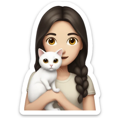 A pale girl with dark brown hair and dark brown eyes holds a white cat in her hands sticker