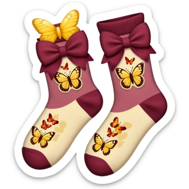 beige socks with a burgundy bow in a butterfly shape, emoji style sticker