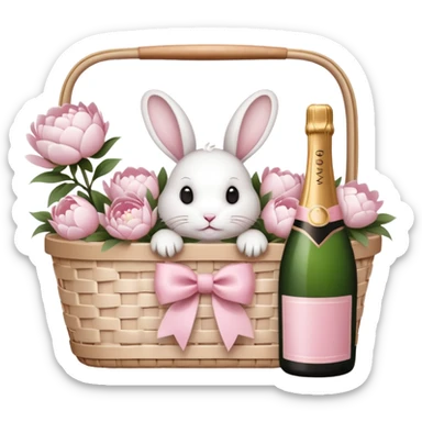 A white Picnic basket with light pink bow, white peonies, a white rabbit and one pink champage bottle inside sticker