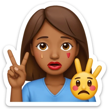 Emoji face crying while doing a kissy face holding up the peace sign sticker