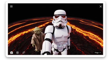 selfie camera, Starwars stormtroopers vlogging , he is walking on lava planet with yoda sticker