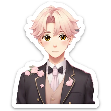 Gorgeous romantic hot attractive anime style modern gentlemanly anime shojo guy with pretty hair and flower petals and blushing face aesthetic trending style  pastelcore cottagecore kawaiicore sticker