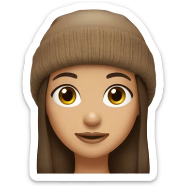 Brunette girl with bangs, big eyelashes, hazel eyes, wearing a brown beanie sticker