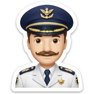 A light-skinned man with brown eyes and original stache, smiling while wearing a white captain’s hat with a navy emblem. sticker