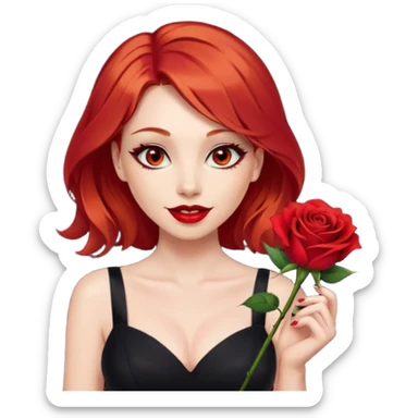 a beautiful woman with red hair and red eyes. The woman wear a black little cutted dress. She have red lipstick and she have a seductive look and smile. She have a rose flower in her hair sticker