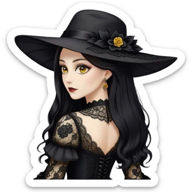 Naked ass back view Alcina Dimitrescu is a 2.9-meter-tall vampire with fair skin, sharp features, and long dark hair. She has striking yellow eyes and wears an elegant, dark gothic dress with lace details and a large hat. sticker