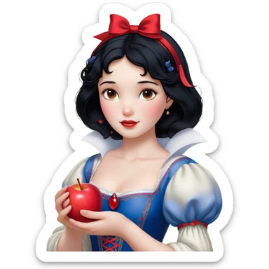 Cinematic Realistic Snow White Portrait, depicted with lifelike skin texture, soft natural lighting, and intricately detailed black hair styled with a red ribbon. Her soft brown eyes radiate innocence and kindness, complemented by a warm, gentle smile. She holds an apple in one hand, her other hand resting against her cheek, embodying her purity and charm. She is dressed in her classic yellow, blue, and red gown, the fabric rich in texture with delicate folds that catch the light beautifully. The portrait features a soft, natural glow with a radiant finish, capturing the essence of timeless beauty in a realistic and painterly style. sticker
