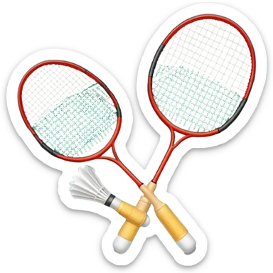 Two crossed badminton rackets with a shuttlecock resting in between, set against the faint outline of a badminton court. The image highlights the tools of the sport, with a subtle emphasis on the court's net and boundaries, symbolizing competition and skill. sticker