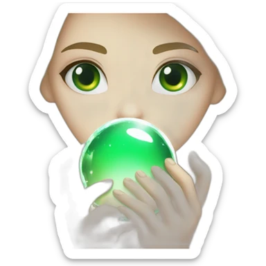 white girl with green eyes, holding white a crystal ball sticker
