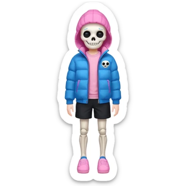 A skeleton with a white shirt blue puffer black shorts and pink slippers sticker
