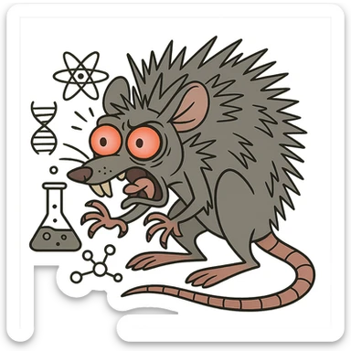 A scared lab rat with fur on end, wide eyes, red glowing eyes, gray fur, cartoon style with frightened pose and scientific elements, not in kawaii style. sticker