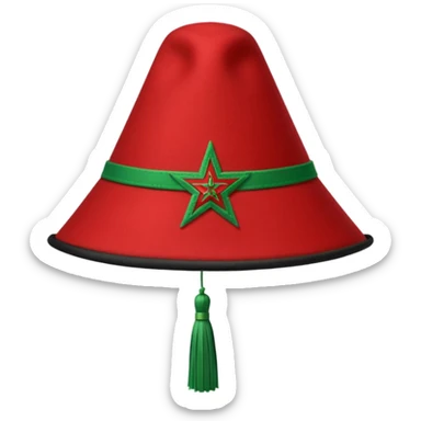 Red Moroccan fez hat with a flat top, straight sides, a green five-pointed star on the front, and a thin black tassel hanging from the right side. sticker
