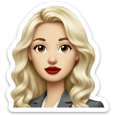 Russian Blonde long hair with big red lips small nose and black eyes Tiffany diamond seller in a grey suit sticker
