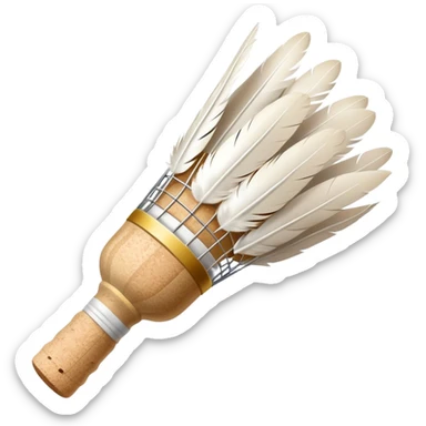 a common badminton shuttlecock with white feathers and cork base sticker