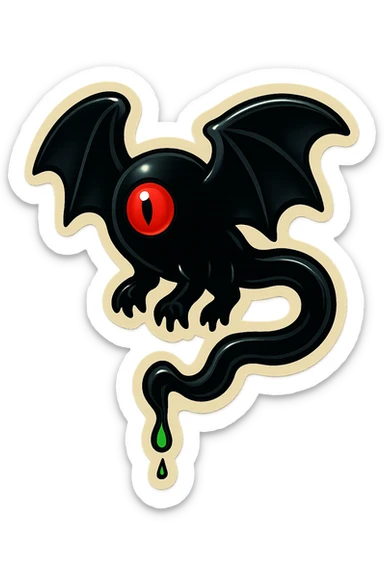 an all black reptilian bat-like creature. One cyclopian red eye in its face. no visible mouth or ears. 2 hind legs with claws. has a long tale with a stinger that drips green poison. no ears. no horns sticker