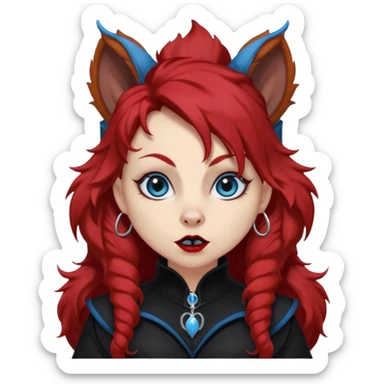  long super curly blood red hair (darker), red pointed squirrel ears with black trim, black goth outfits, body and face human, blue eyes, more pointy chin, black lipstick, one big fluffy red squirrel tail with black tips, close her mouth, less evil looking sticker