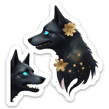 Black iridescent dog fox zombie skeleton gold mechanical nebula galaxy stars flowers fairy lights vintage sticker