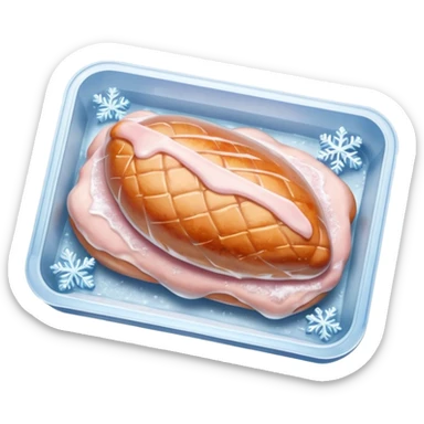 A pack of frozen chicken breasts sealed in transparent plastic packaging, covered with frost and ice crystals. The meat looks pale pink with a slight icy glaze, sitting in a freezer with cool blue lighting. Realistic detail, cold atmosphere, food photography style. sticker